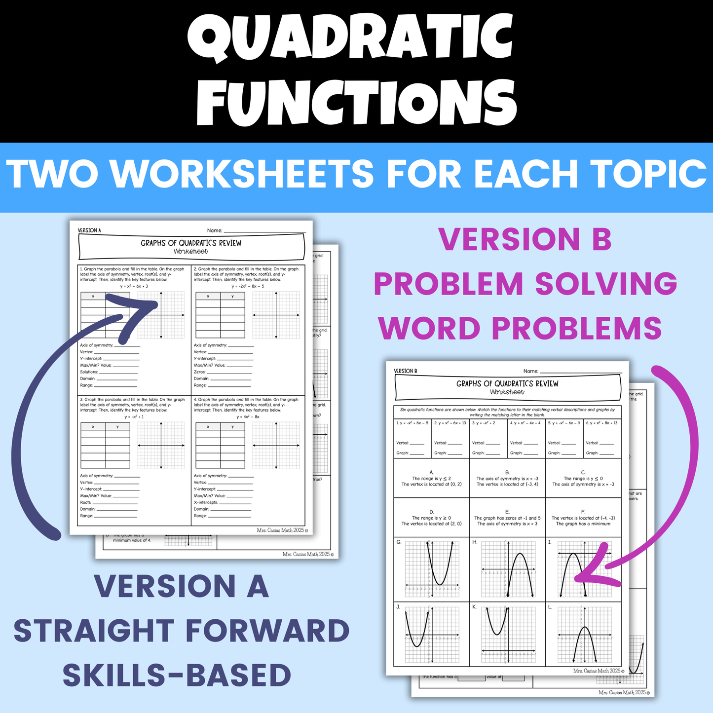 Quadratic Functions Algebra 1 Differentiated Worksheets BUNDLE