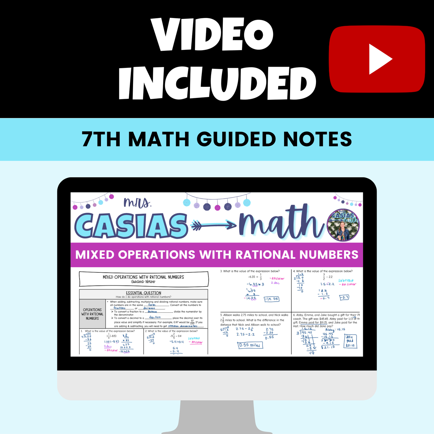Rational Numbers and Operations Guided Notes Lessons 7th Grade Math