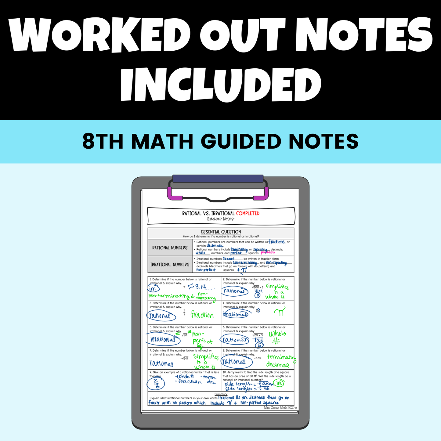 Real Numbers Guided Notes Lessons 8th Grade Math