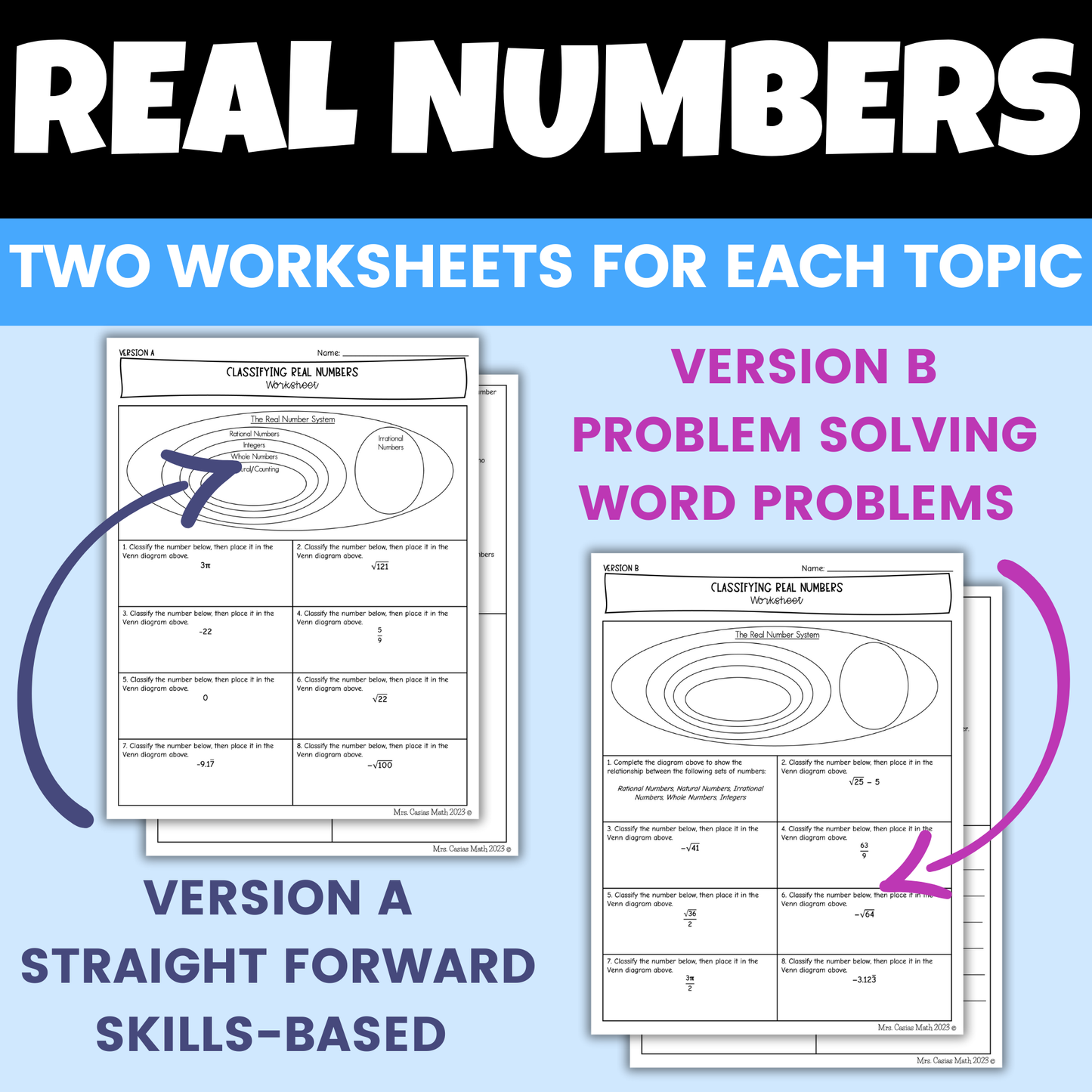 Real Numbers Differentiated Worksheets 8th Grade Math