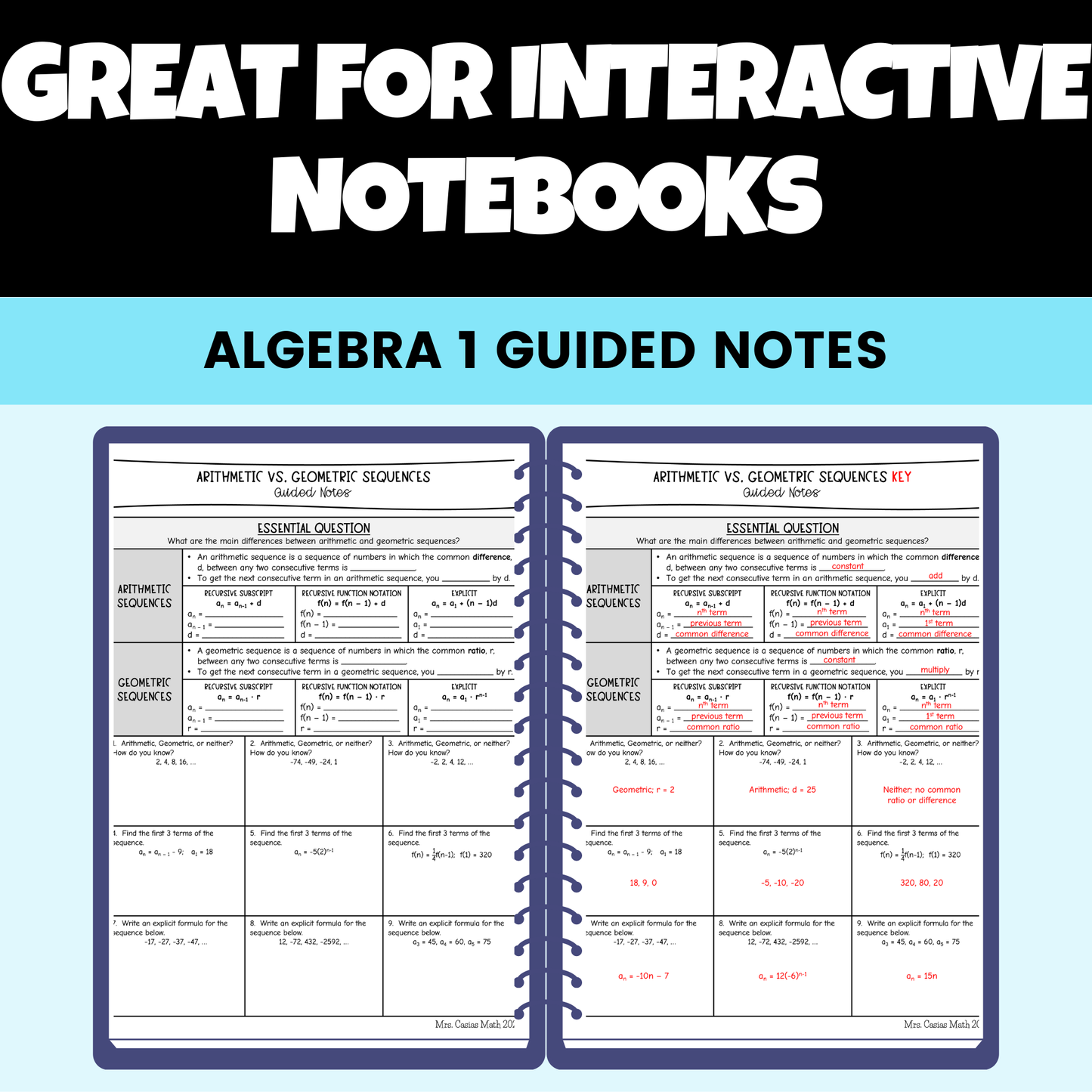 Arithmetic and Geometric Sequences Guided Notes Lessons Algebra 1