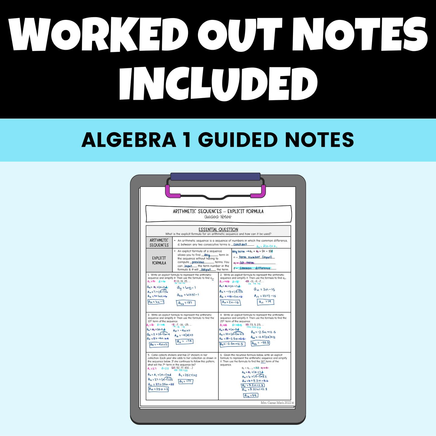 Arithmetic and Geometric Sequences Guided Notes Lessons Algebra 1
