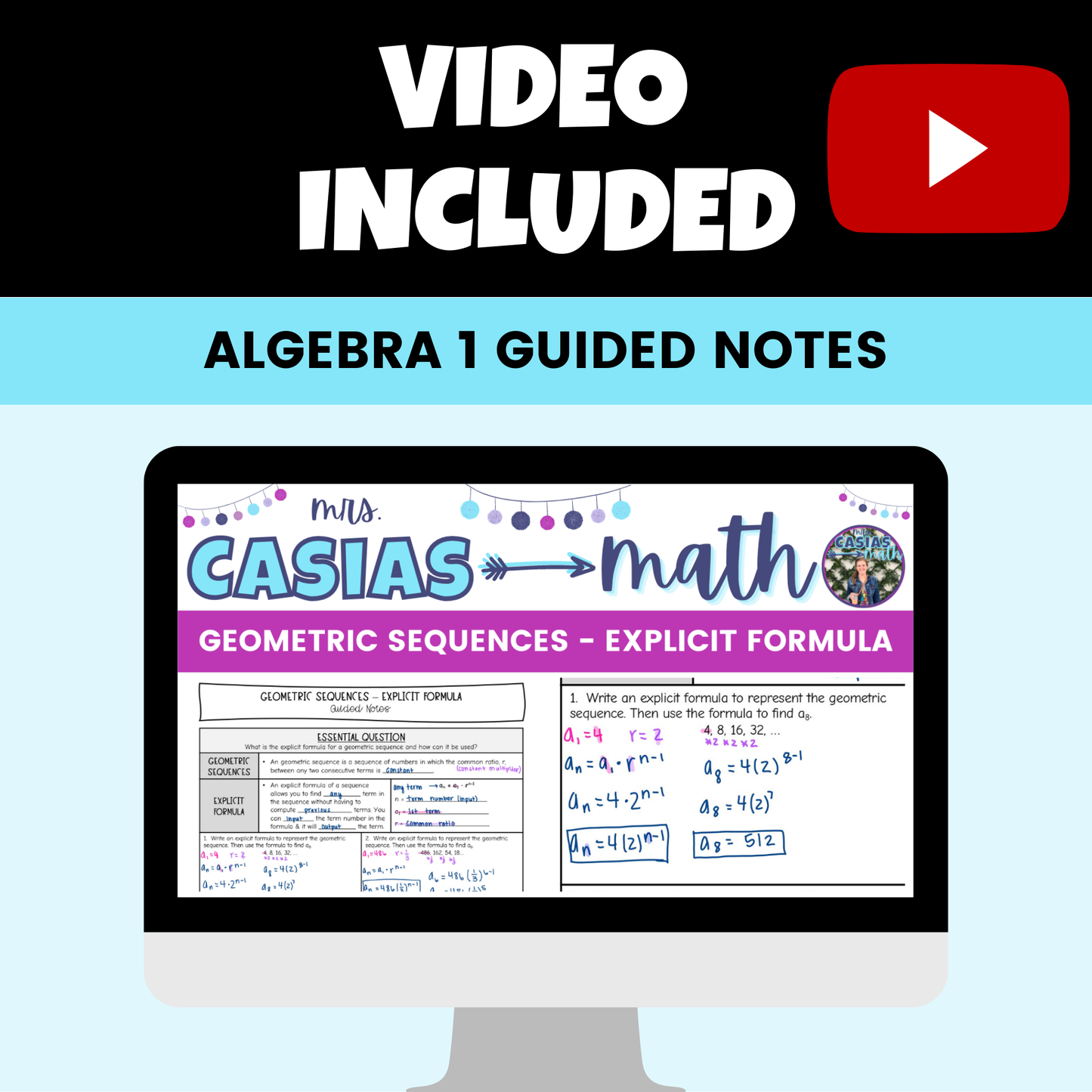 Arithmetic and Geometric Sequences Guided Notes Lessons Algebra 1