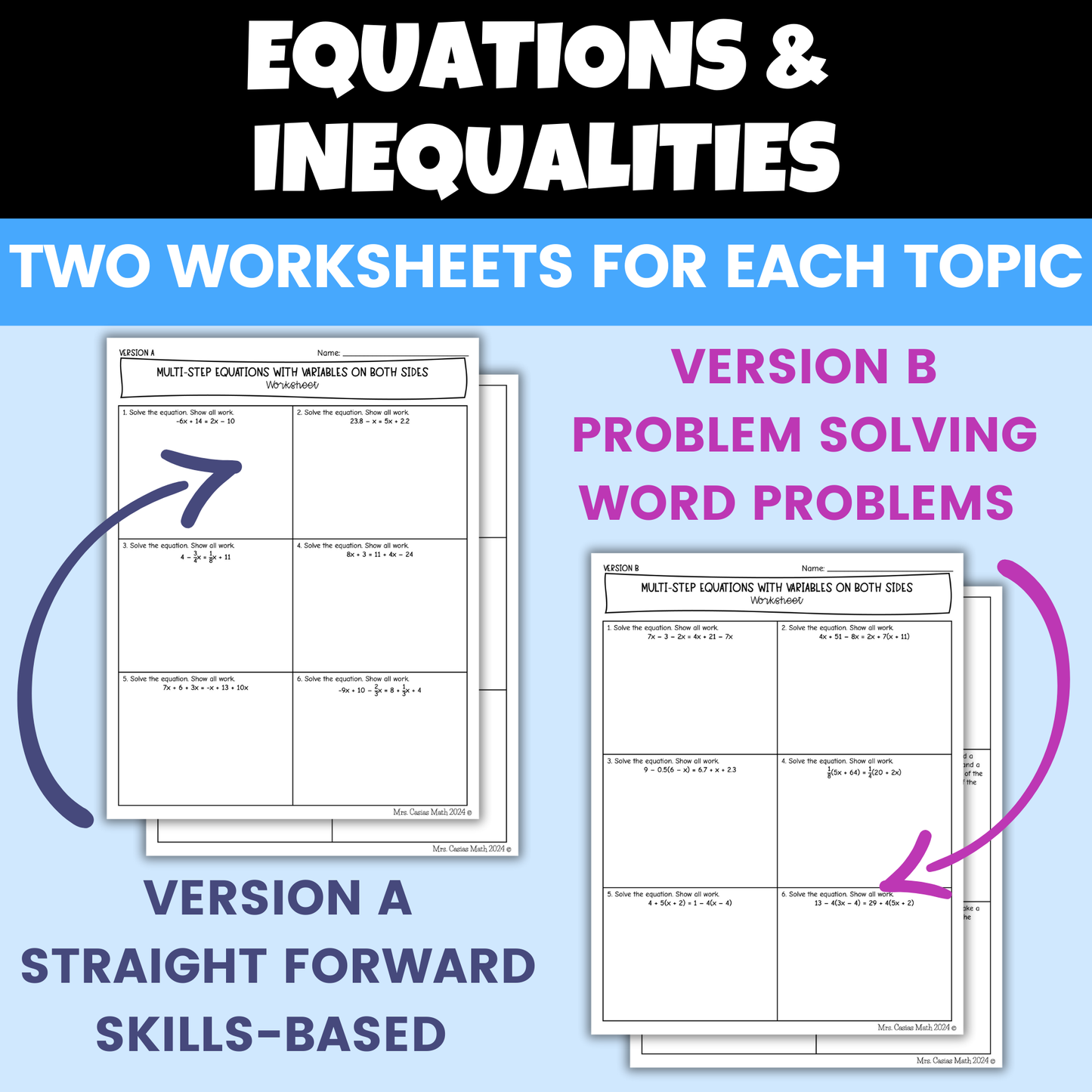 Solving Equations and Inequalities Differentiated Worksheets BUNDLE Algebra 1