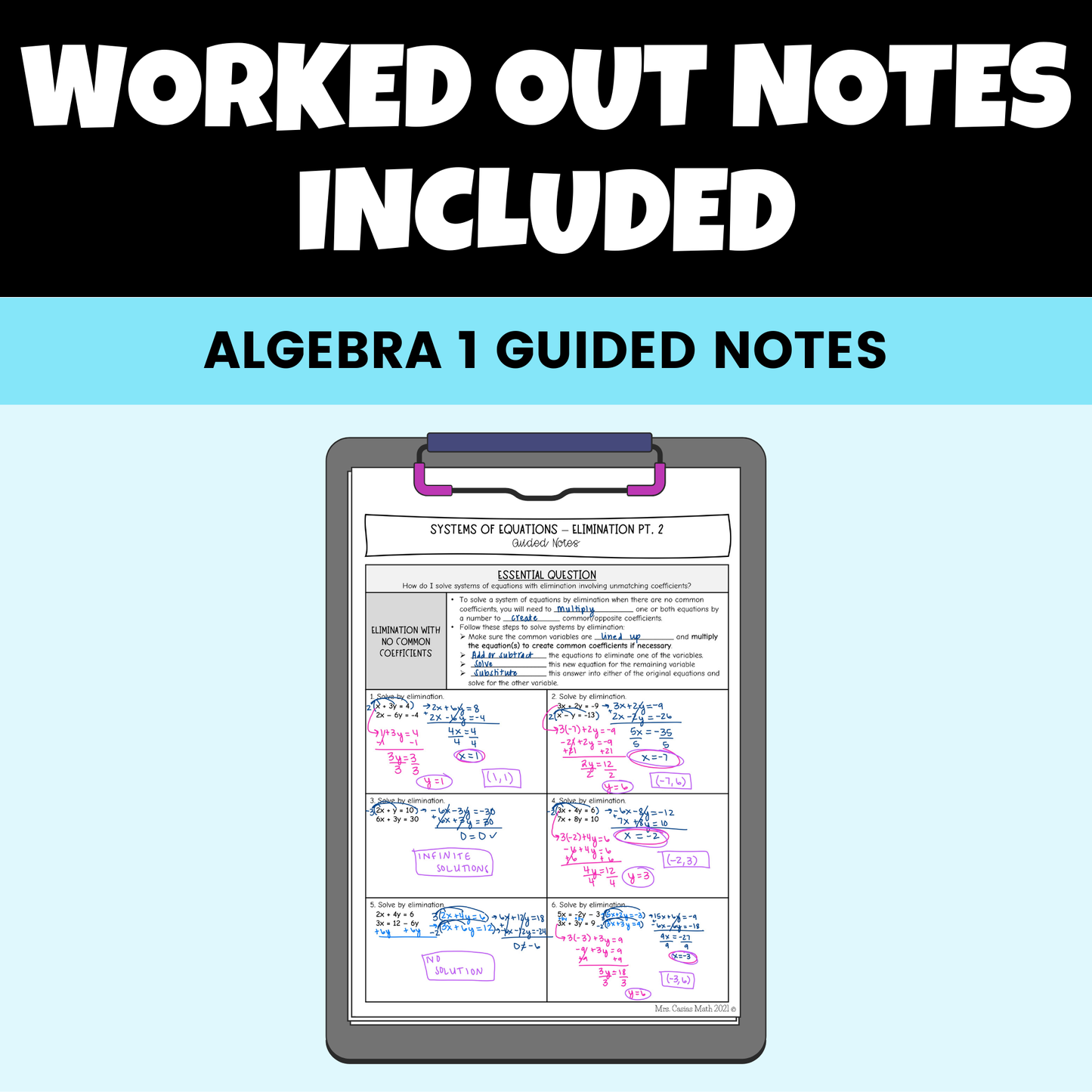 Systems of Equations and Inequalities Guided Notes Lessons Algebra 1