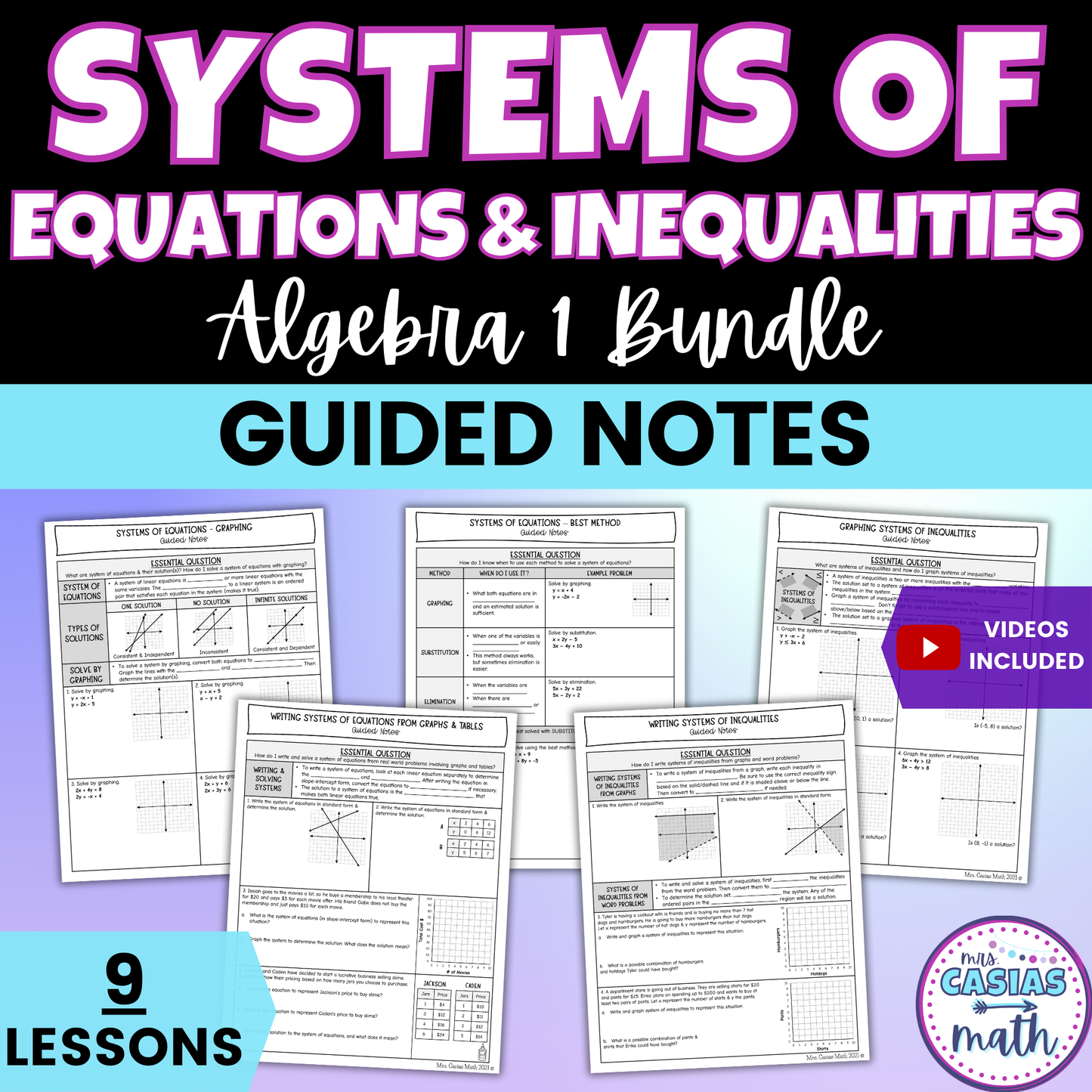 Systems of Equations and Inequalities Guided Notes Lessons Algebra 1