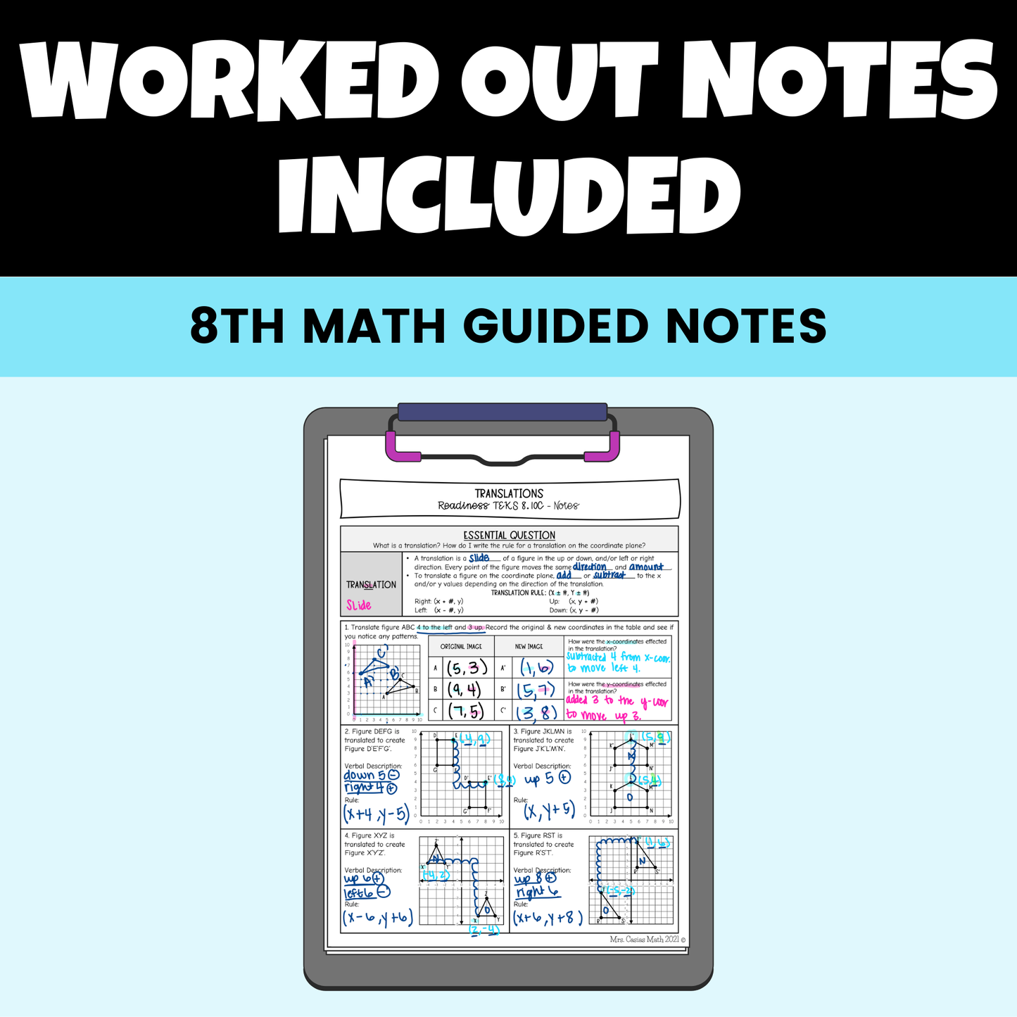 Transformations Guided Notes Lessons 8th Grade Math