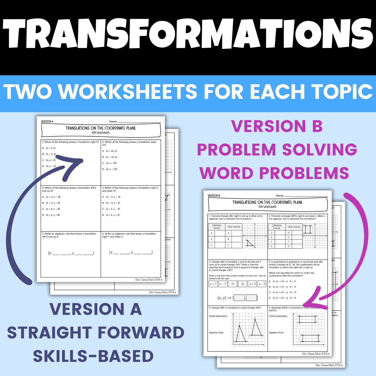 Transformations Differentiated Worksheets 8th Grade Math