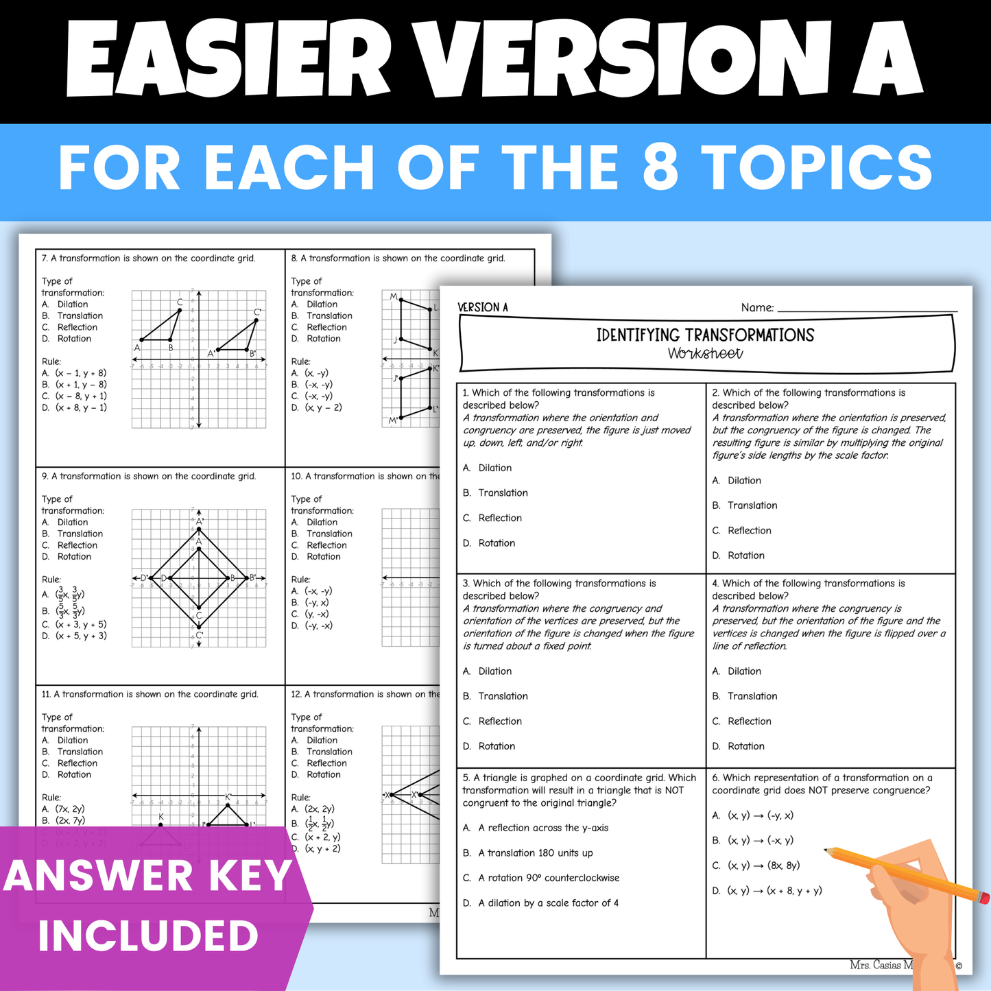 Transformations Differentiated Worksheets 8th Grade Math