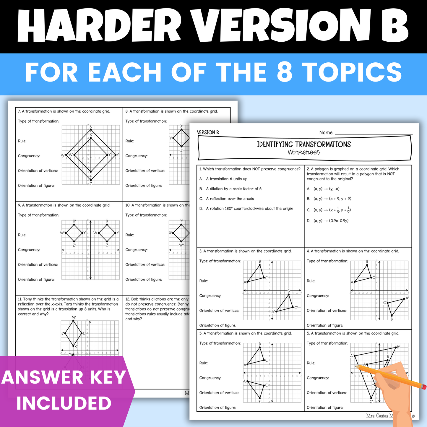 Transformations Differentiated Worksheets 8th Grade Math