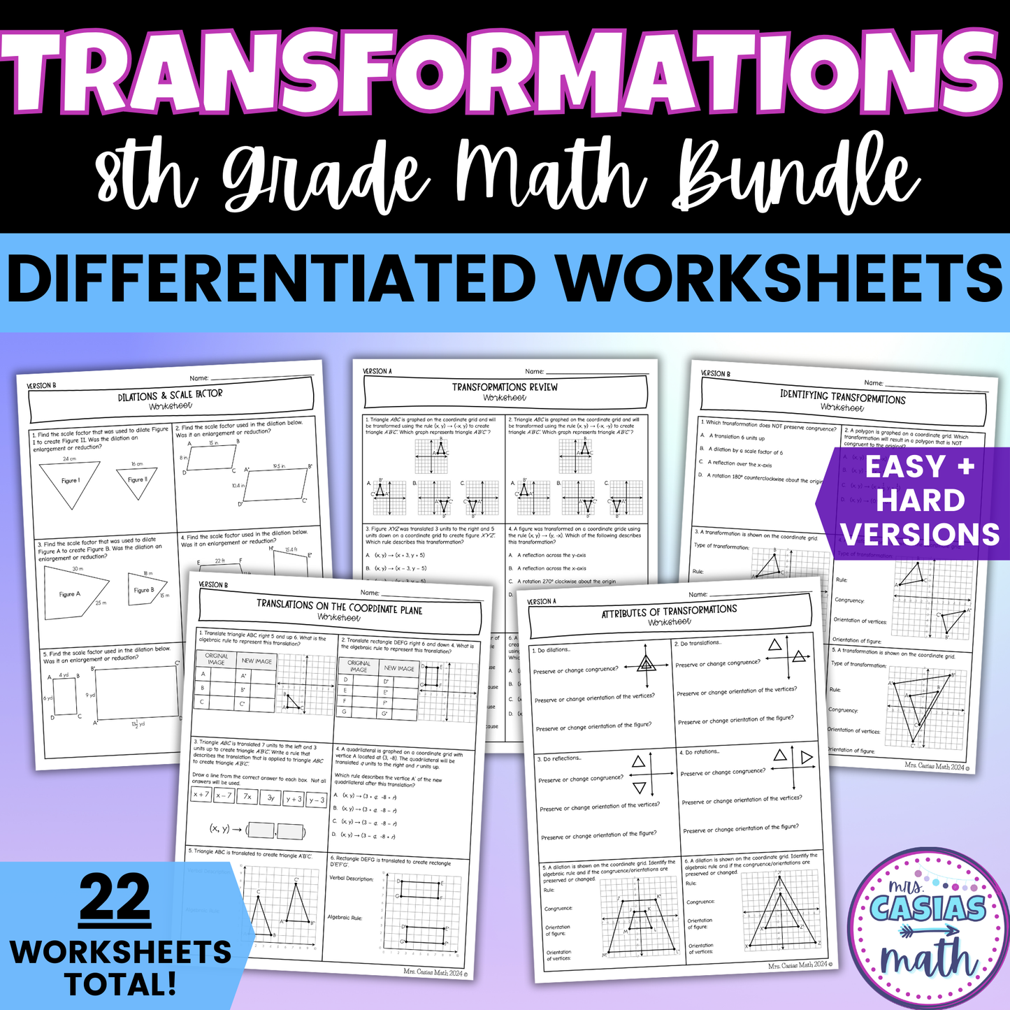 Transformations Differentiated Worksheets 8th Grade Math