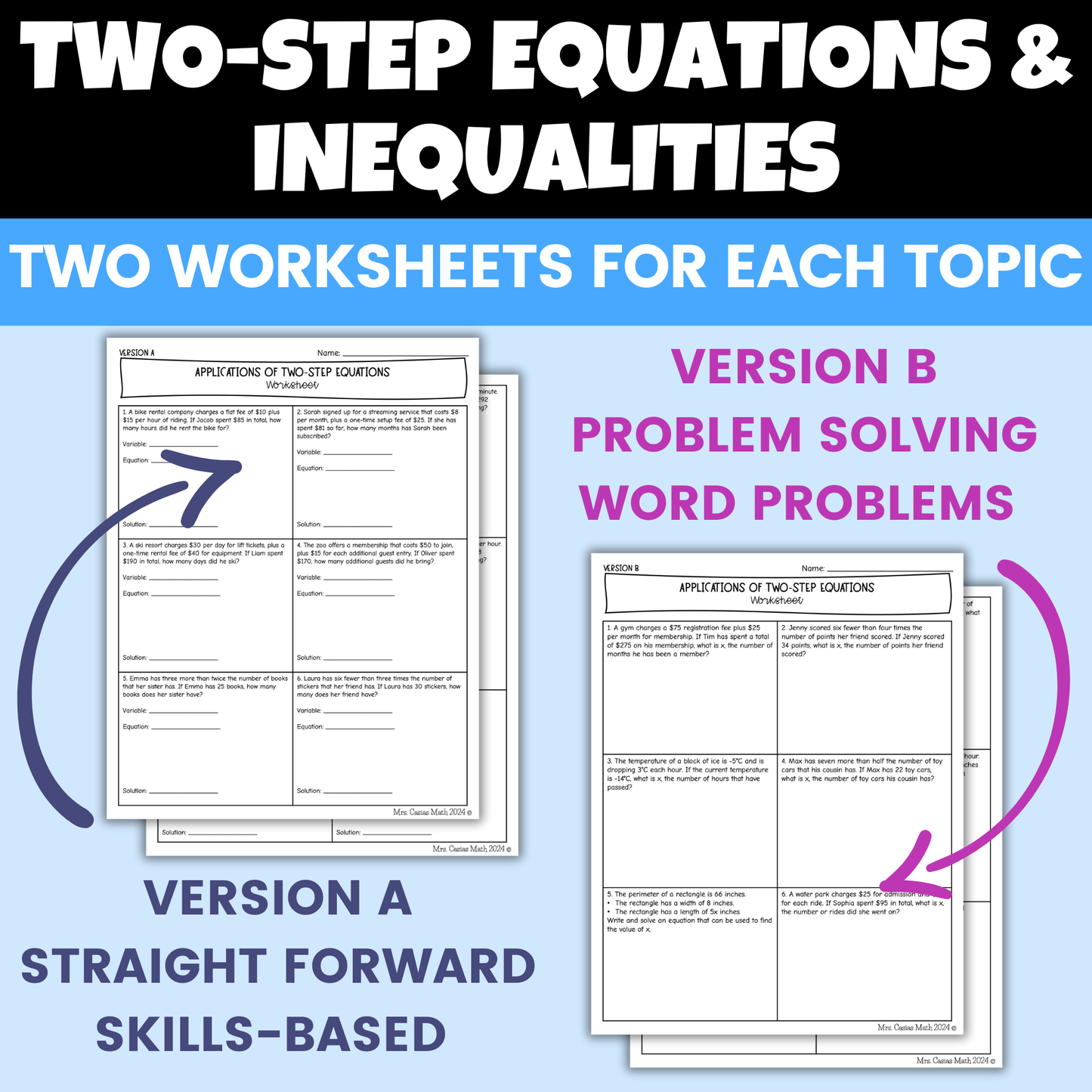 Two Step Equations and Inequalities Differentiated Worksheets BUNDLE 7th Grade Math