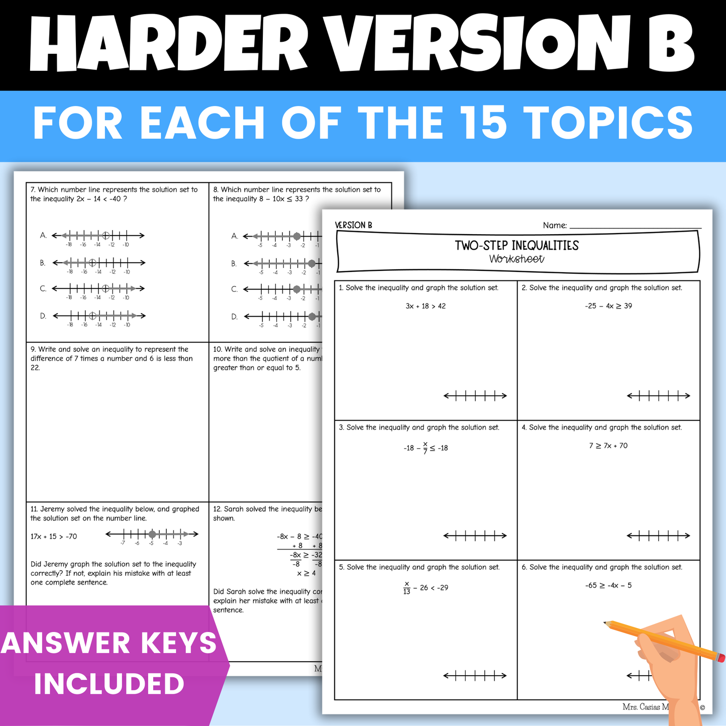 Two Step Equations and Inequalities Differentiated Worksheets BUNDLE 7th Grade Math