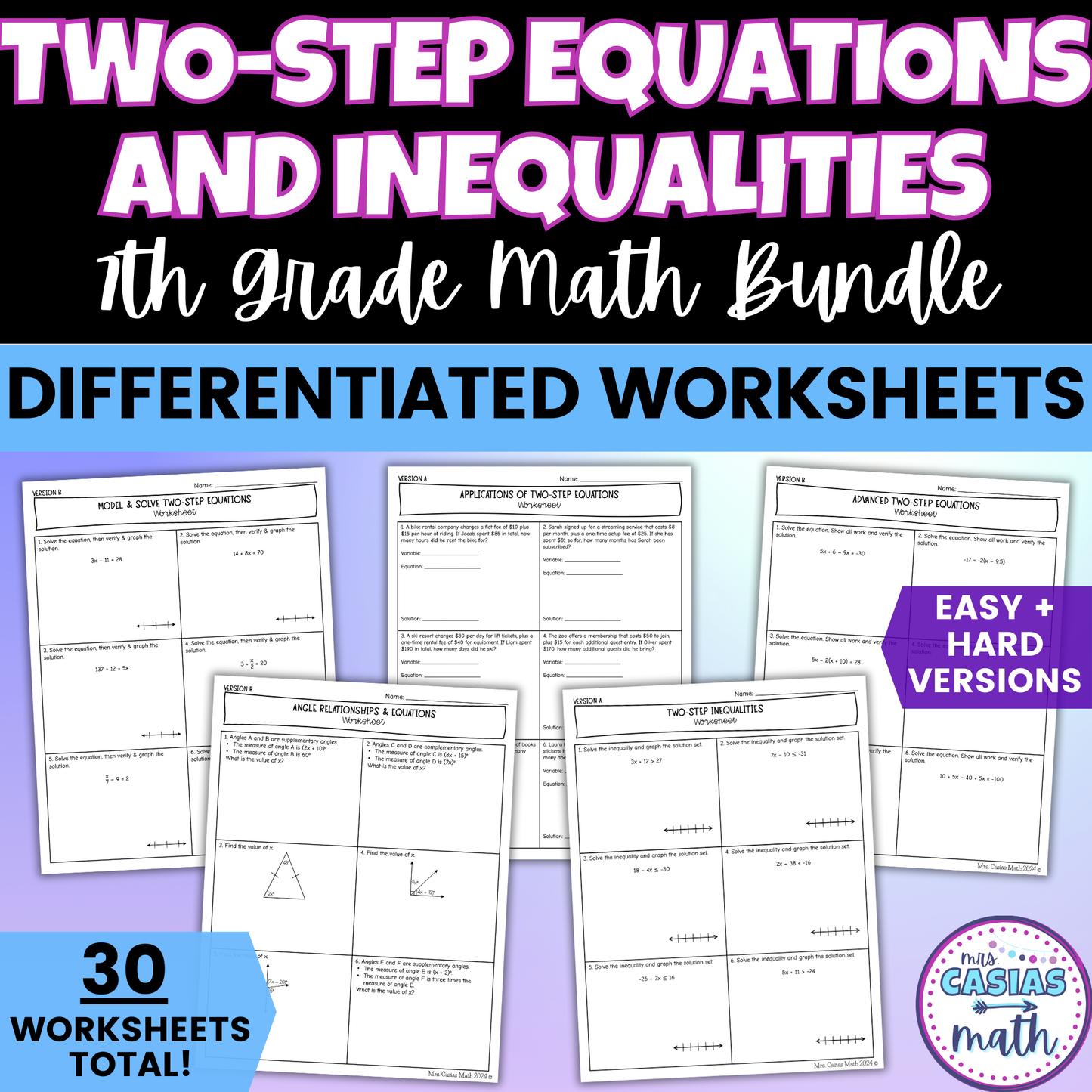 Two Step Equations and Inequalities Differentiated Worksheets BUNDLE 7th Grade Math