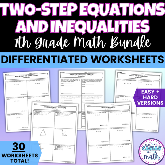 Two Step Equations and Inequalities Differentiated Worksheets BUNDLE 7th Grade Math