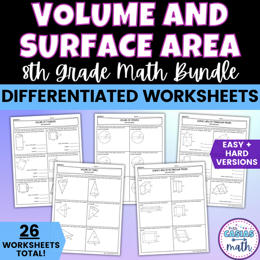 Volume and Surface Area Differentiated Worksheets 8th Grade Math