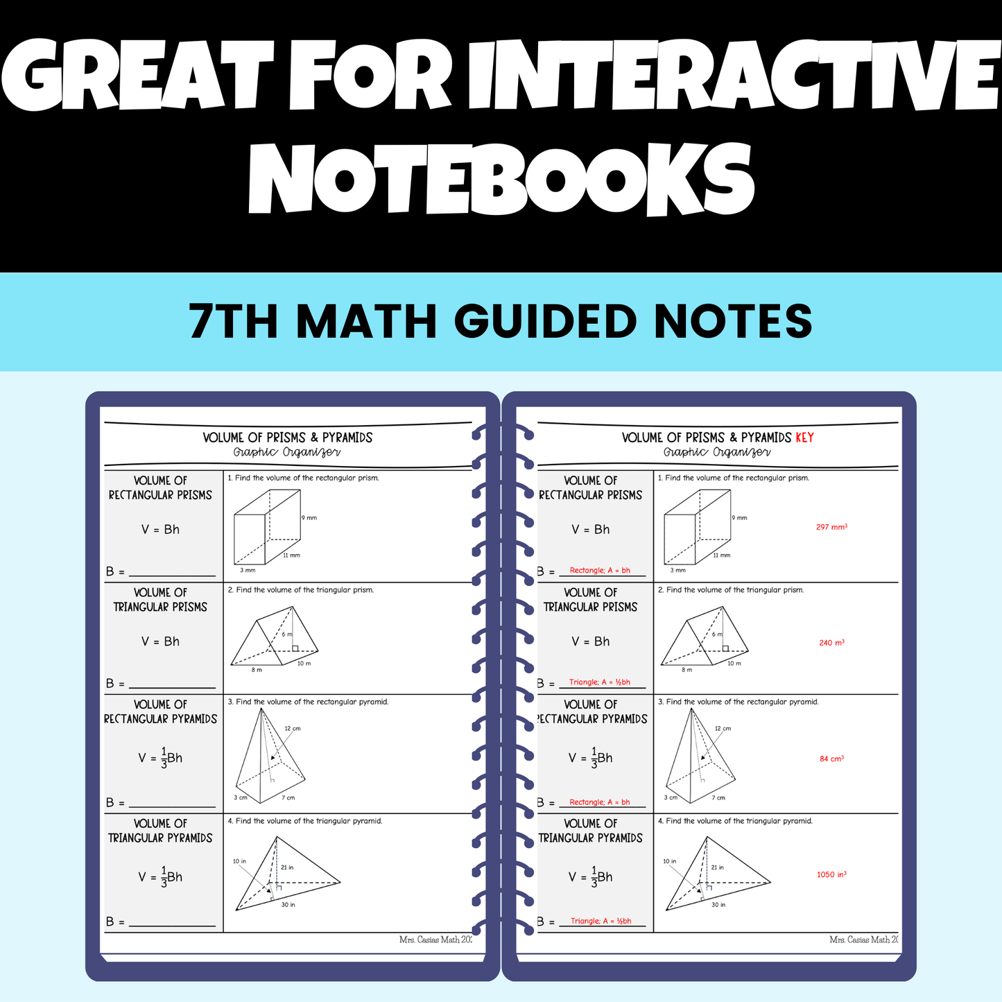 Volume of Prisms and Pyramids Guided Notes Lessons 7th Grade Math