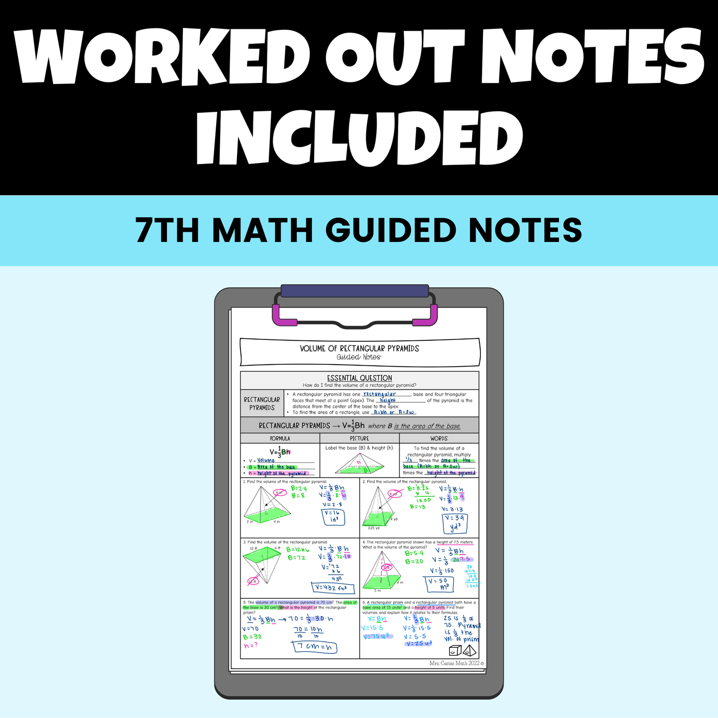 Volume of Prisms and Pyramids Guided Notes Lessons 7th Grade Math