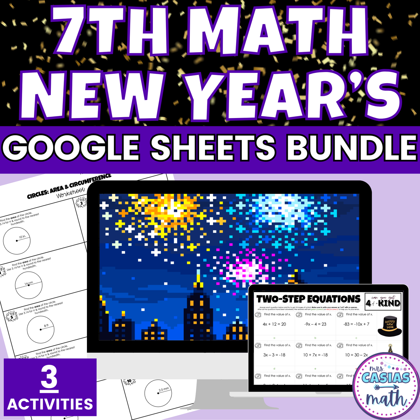 7th Grade Math New Years Activities Google Sheets Digital and Worksheets BUNDLE