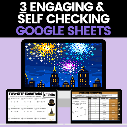 7th Grade Math New Years Activities Google Sheets Digital and Worksheets BUNDLE