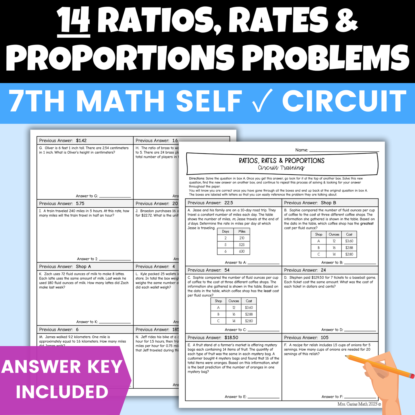 Ratios, Rates and Proportions Worksheet Self Checking Activity 7th Grade Math