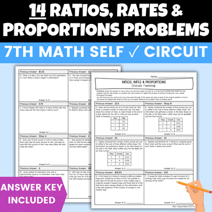 Ratios, Rates and Proportions Worksheet Self Checking Activity 7th Grade Math