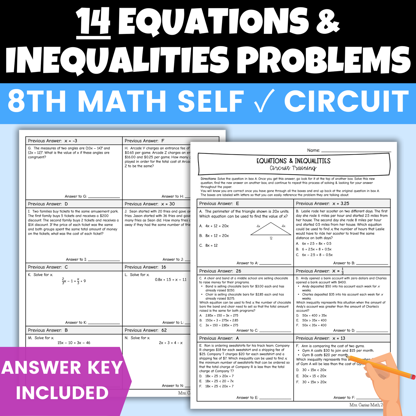 Equations & Inequalities Worksheet Self Checking Circuit Activity 8th Grade Math