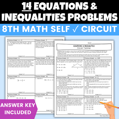 Equations & Inequalities Worksheet Self Checking Circuit Activity 8th Grade Math