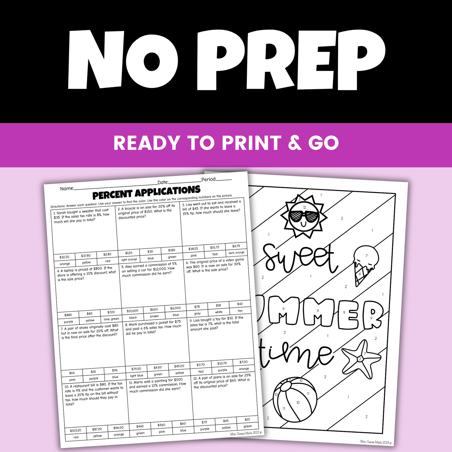 Percent Applications Tax, Tip, Discount & Commissions Summer Coloring Worksheet