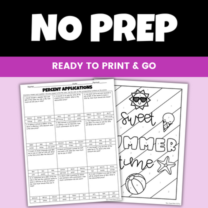 Percent Applications Tax, Tip, Discount & Commissions Summer Coloring Worksheet