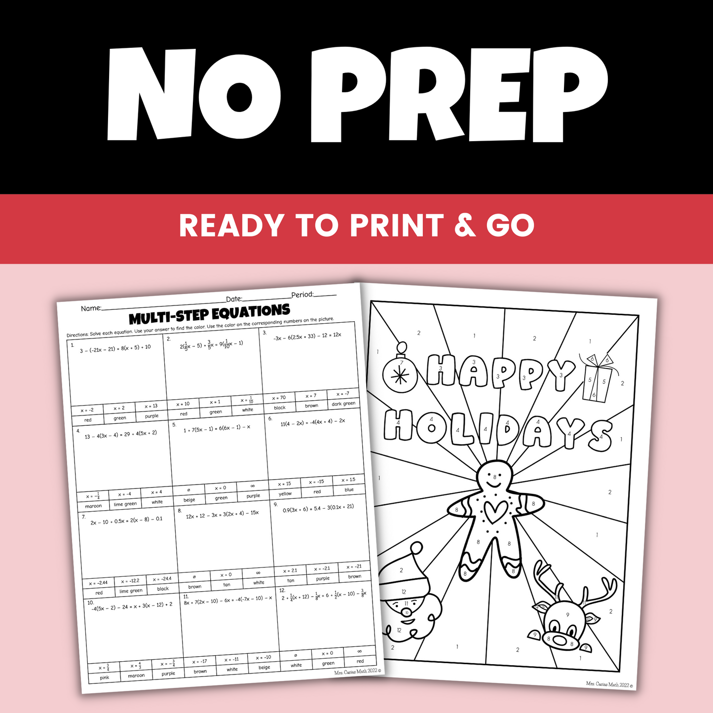 Holiday Algebra Activity Multi-Step Equations Coloring Worksheet