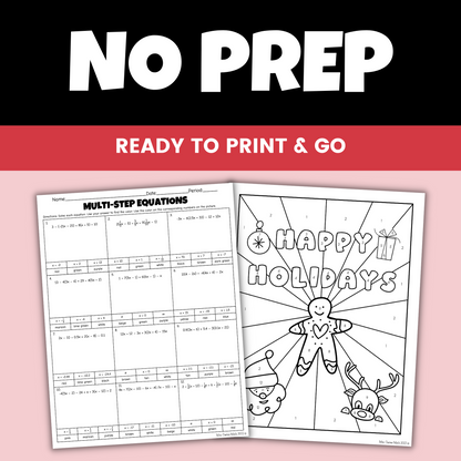Holiday Algebra Activity Multi-Step Equations Coloring Worksheet