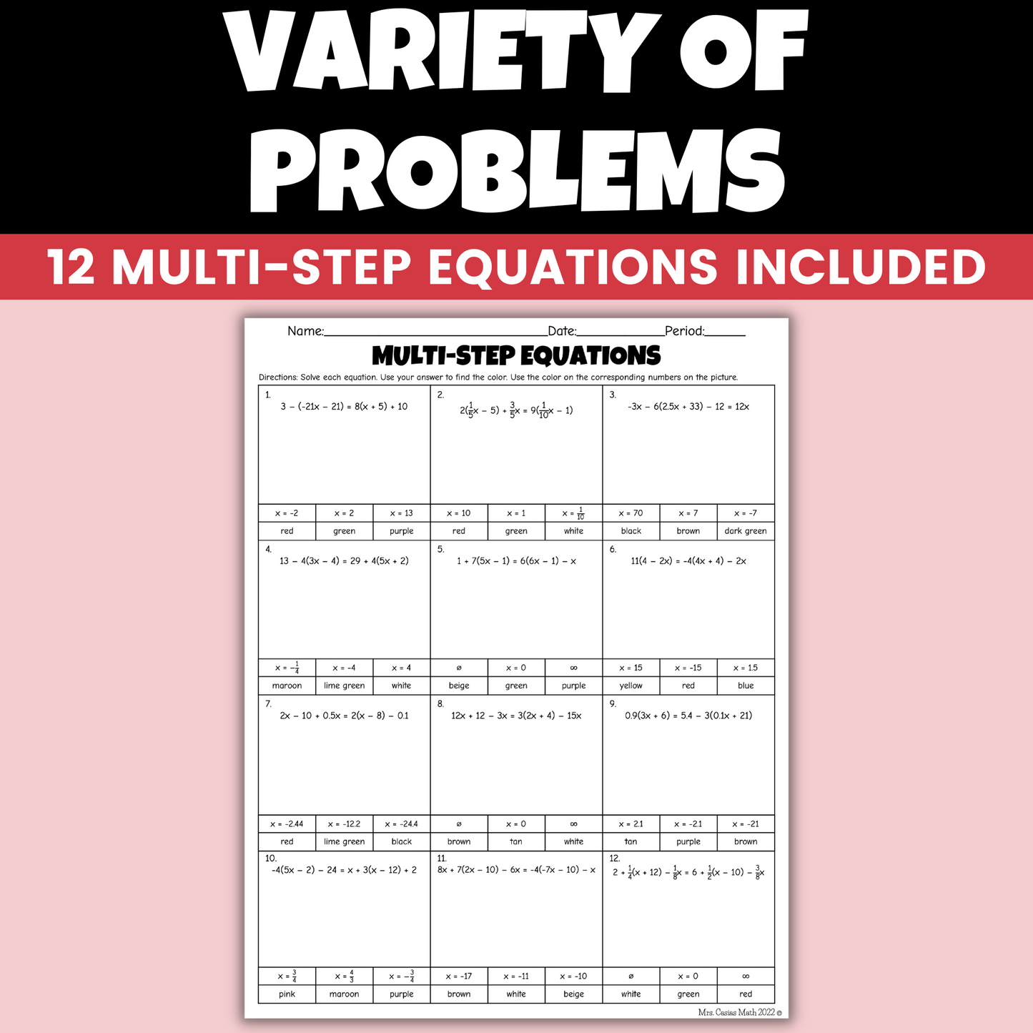 Holiday Algebra Activity Multi-Step Equations Coloring Worksheet