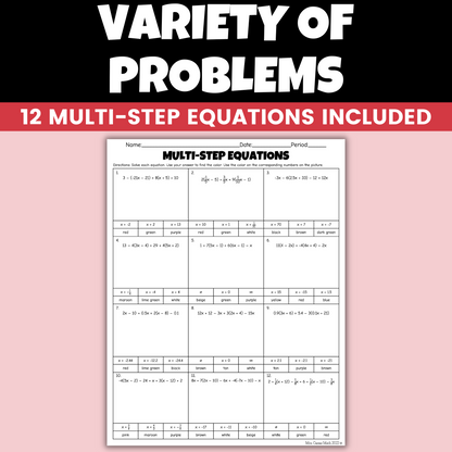 Holiday Algebra Activity Multi-Step Equations Coloring Worksheet
