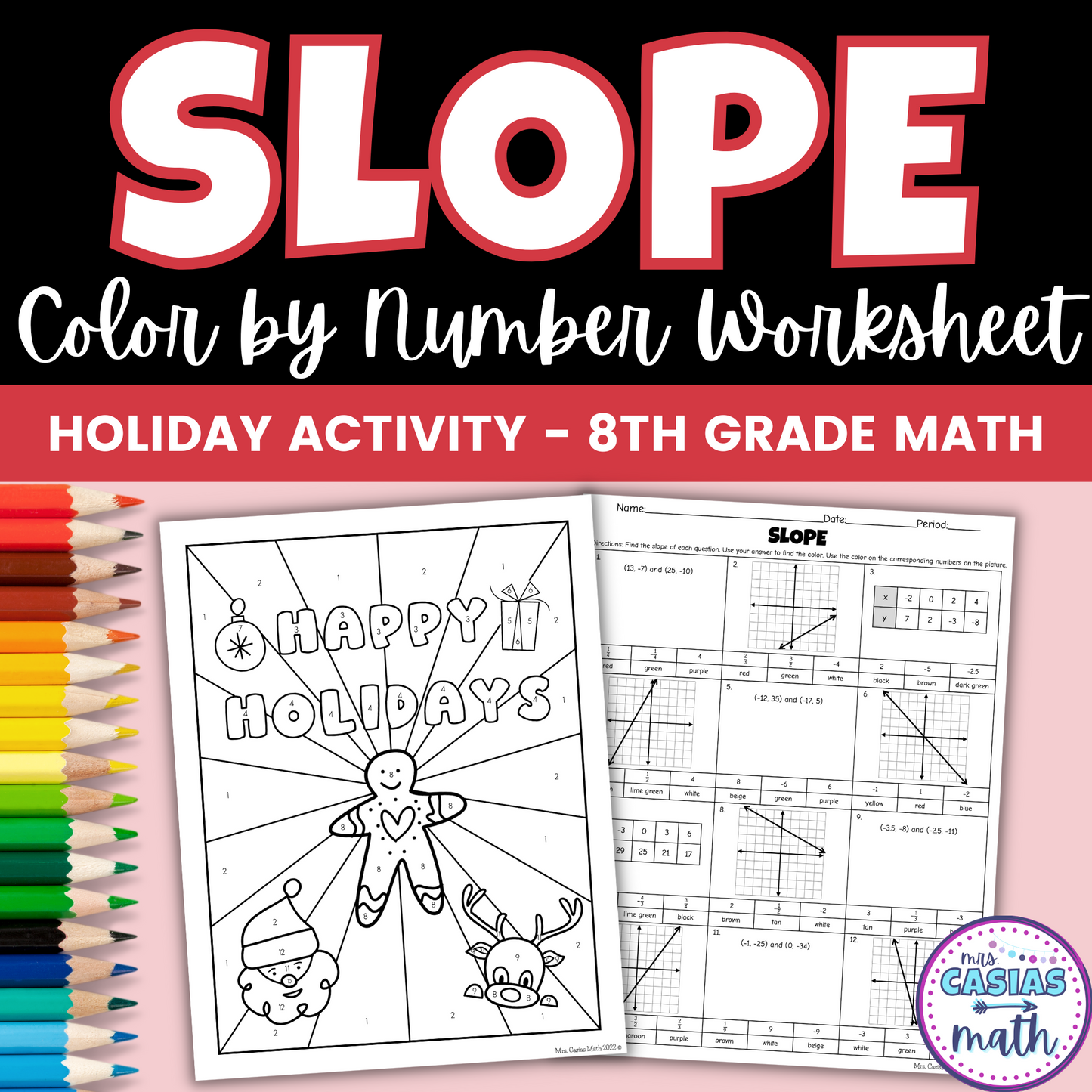 Holiday Math Activity 8th Grade Slope Christmas Coloring Worksheet