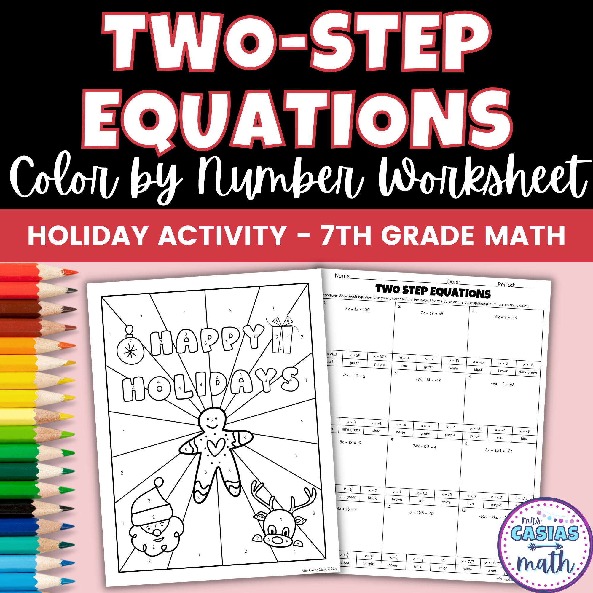 7th Grade Holiday Math Two-Step Equations Coloring Worksheet – Casias Math