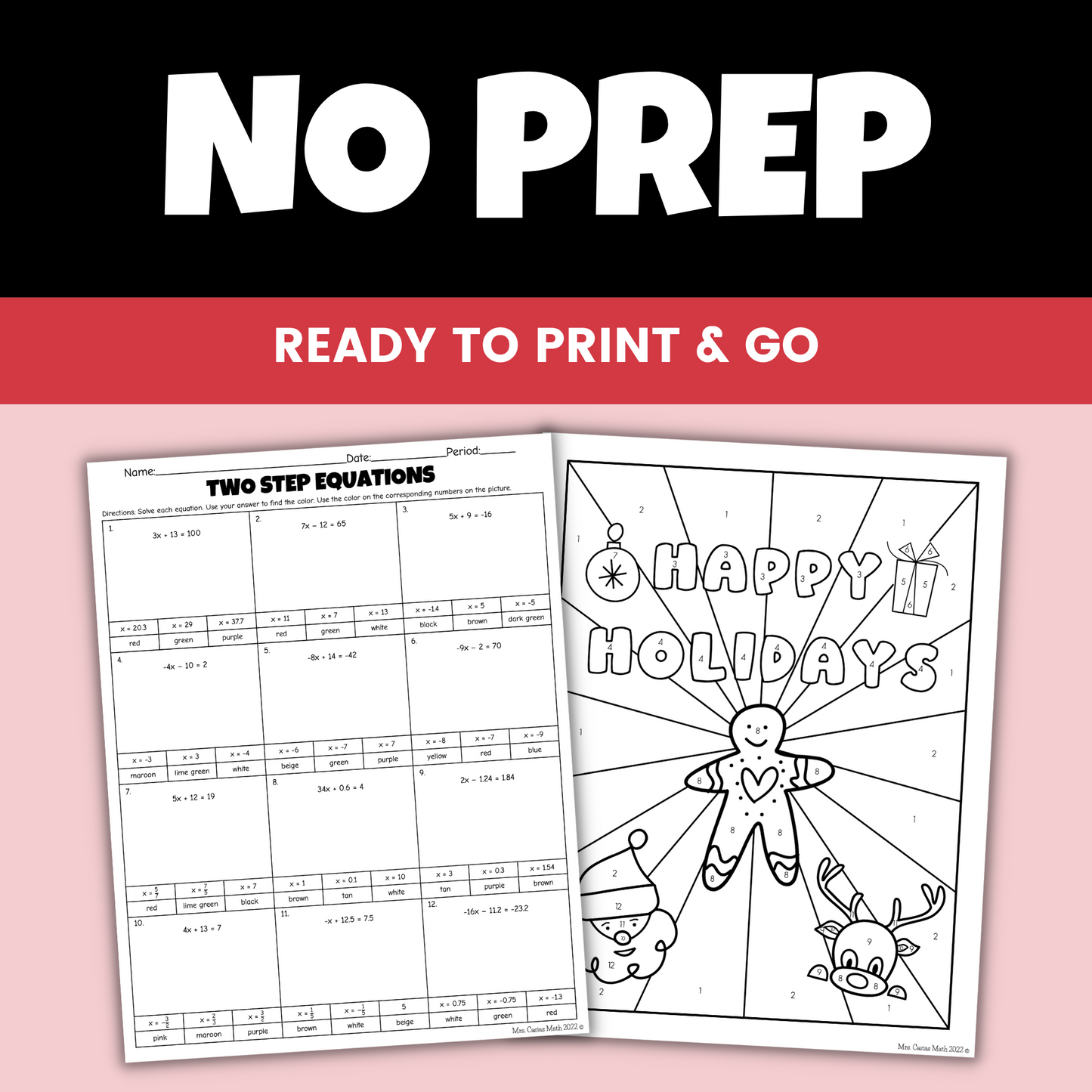 7th Grade Holiday Math Two-Step Equations Coloring Worksheet