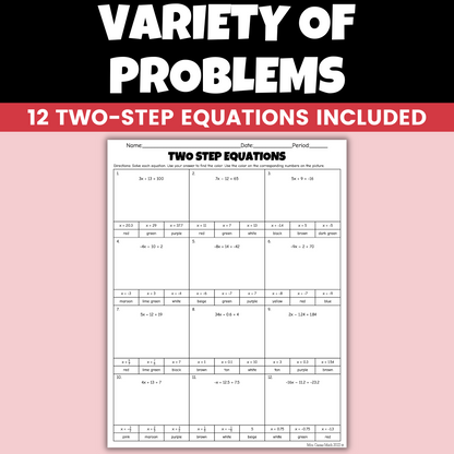7th Grade Holiday Math Two-Step Equations Coloring Worksheet