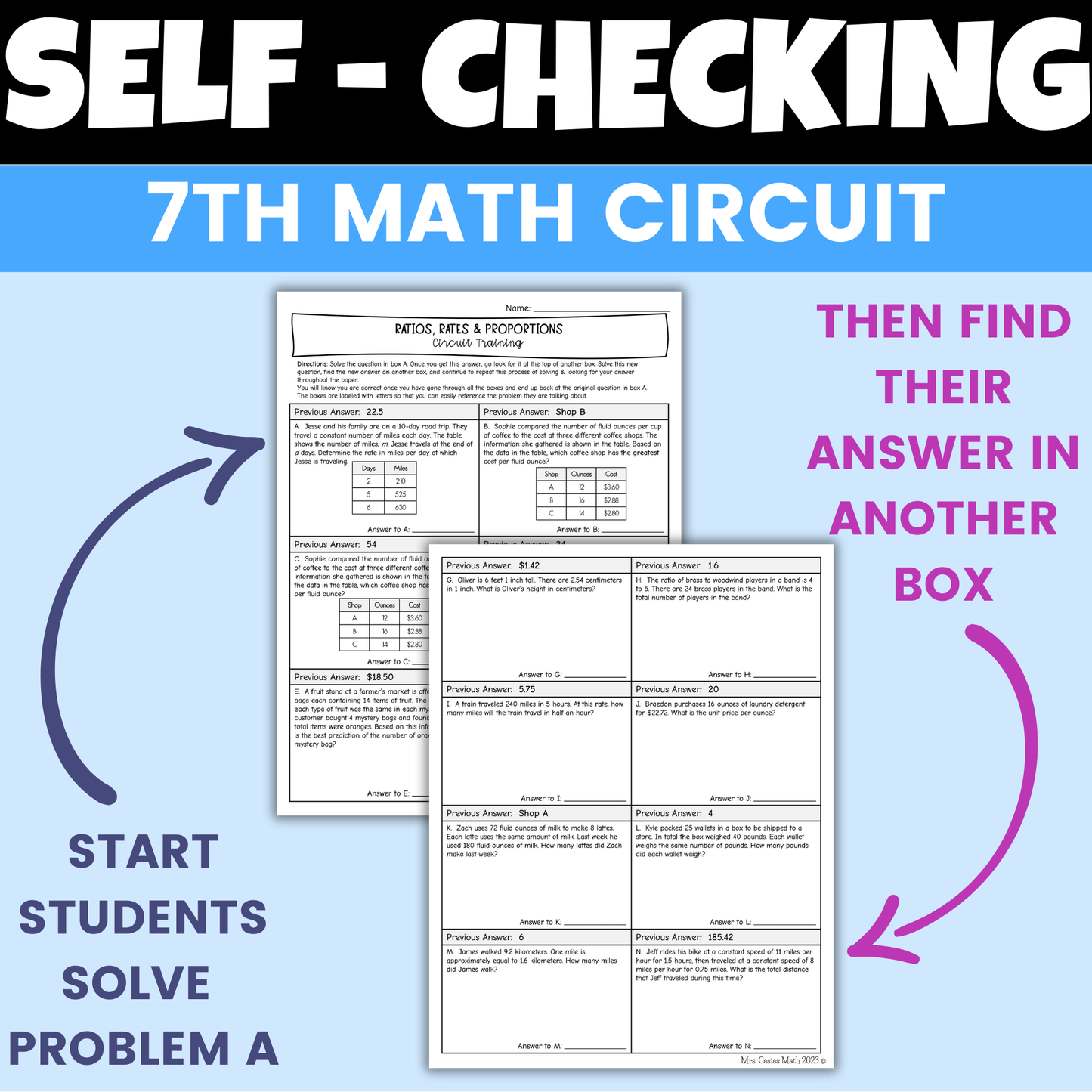 Ratios, Rates and Proportions Worksheet Self Checking Activity 7th Grade Math