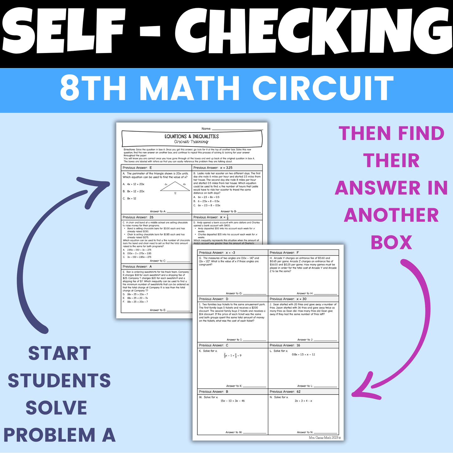 Equations & Inequalities Worksheet Self Checking Circuit Activity 8th Grade Math