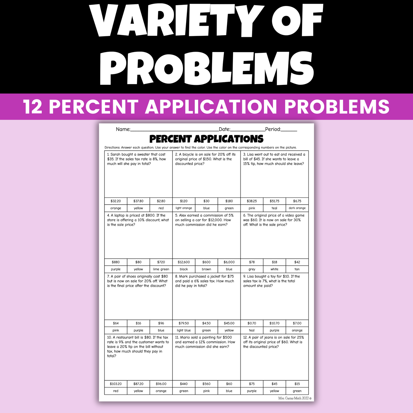 Percent Applications Tax, Tip, Discount & Commissions Summer Coloring Worksheet