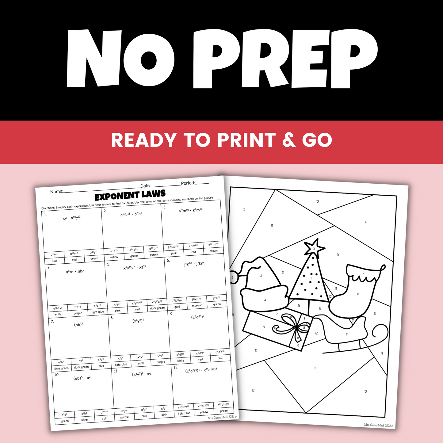 Algebra 1 Christmas Activity Exponent Laws Holiday Coloring Worksheet