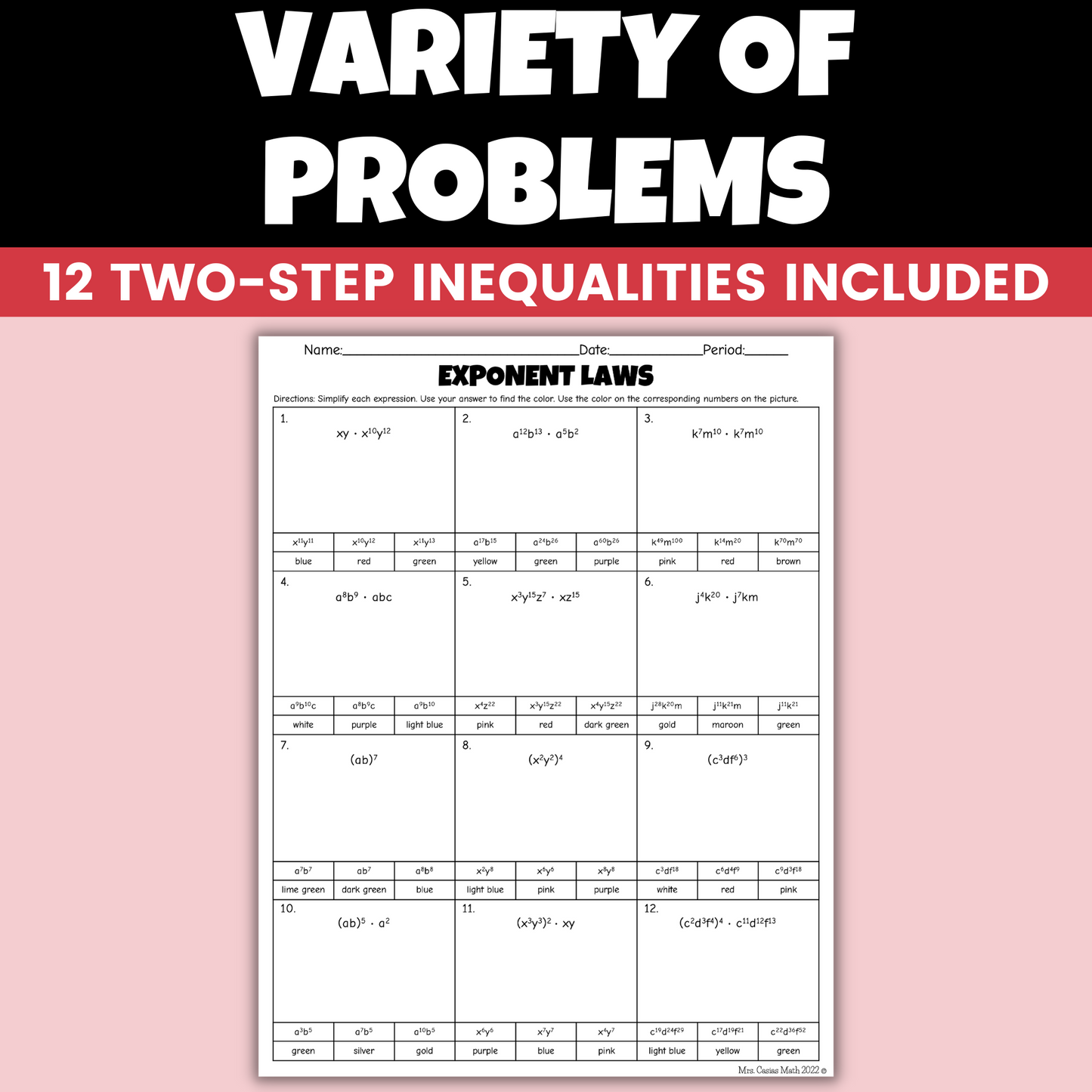 Algebra 1 Christmas Activity Exponent Laws Holiday Coloring Worksheet