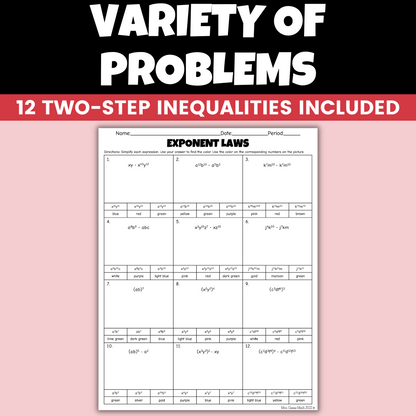 Algebra 1 Christmas Activity Exponent Laws Holiday Coloring Worksheet