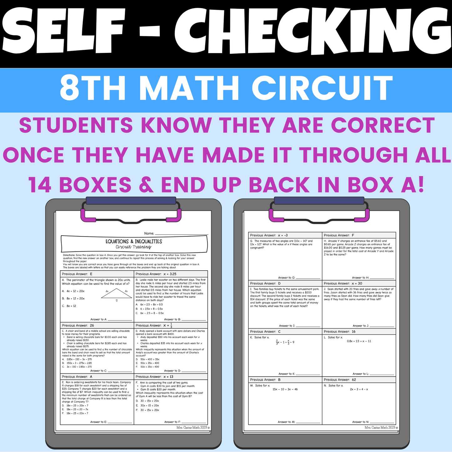 Equations & Inequalities Worksheet Self Checking Circuit Activity 8th Grade Math