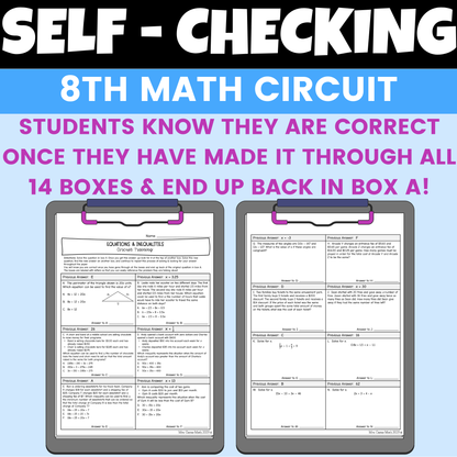 Equations & Inequalities Worksheet Self Checking Circuit Activity 8th Grade Math