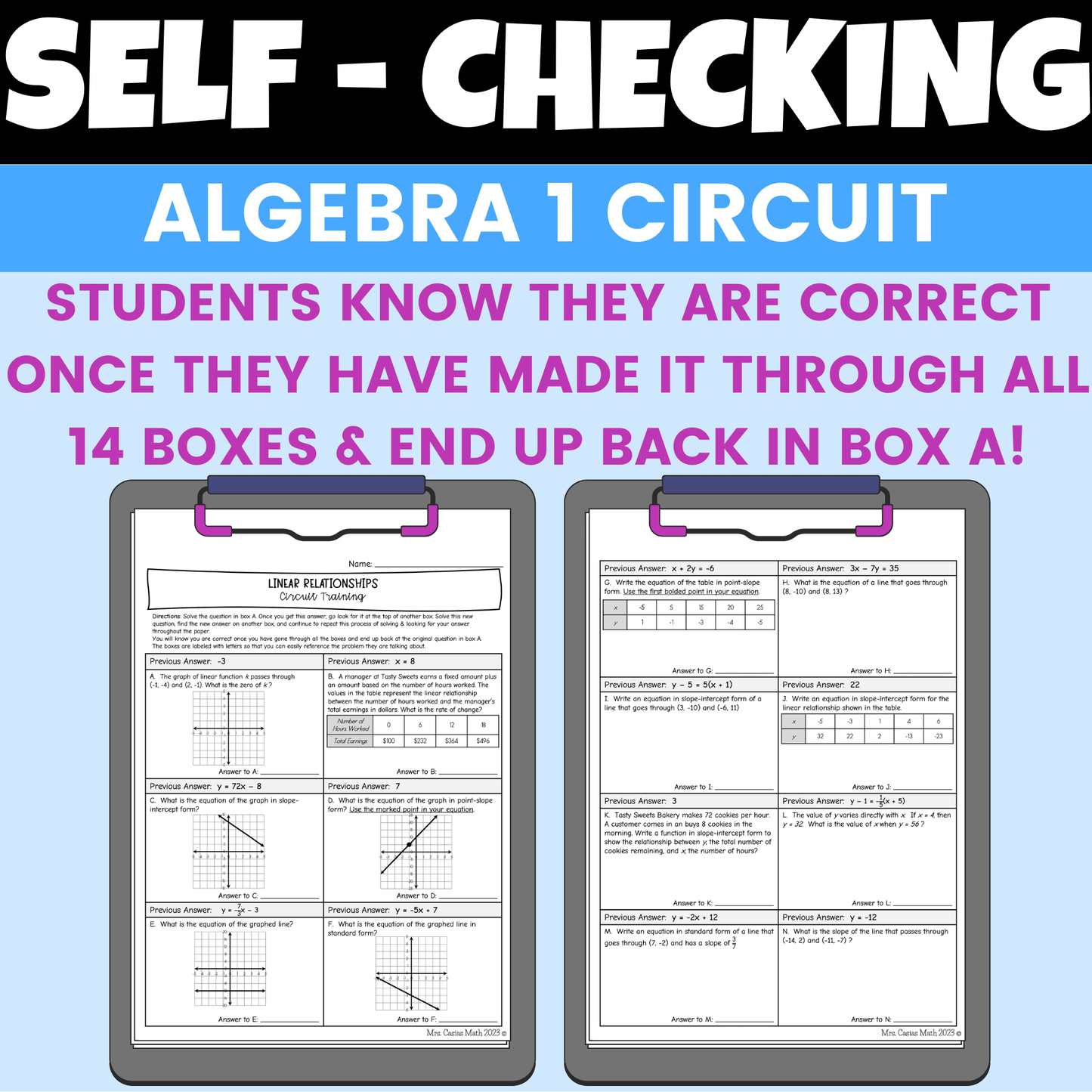 Linear Relationships Worksheet Self Checking Circuit Activity
