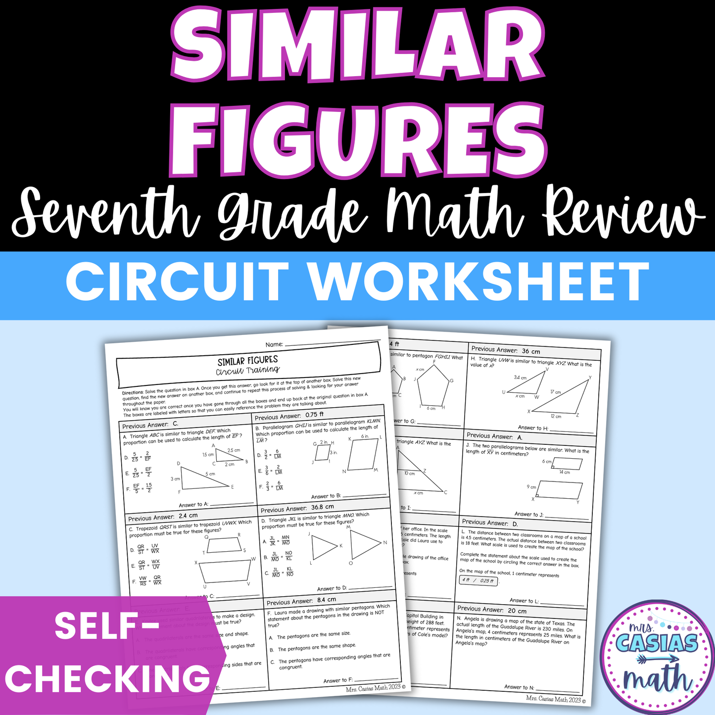 Similar Figures Worksheet Self Checking Circuit Activity 7th Grade Math