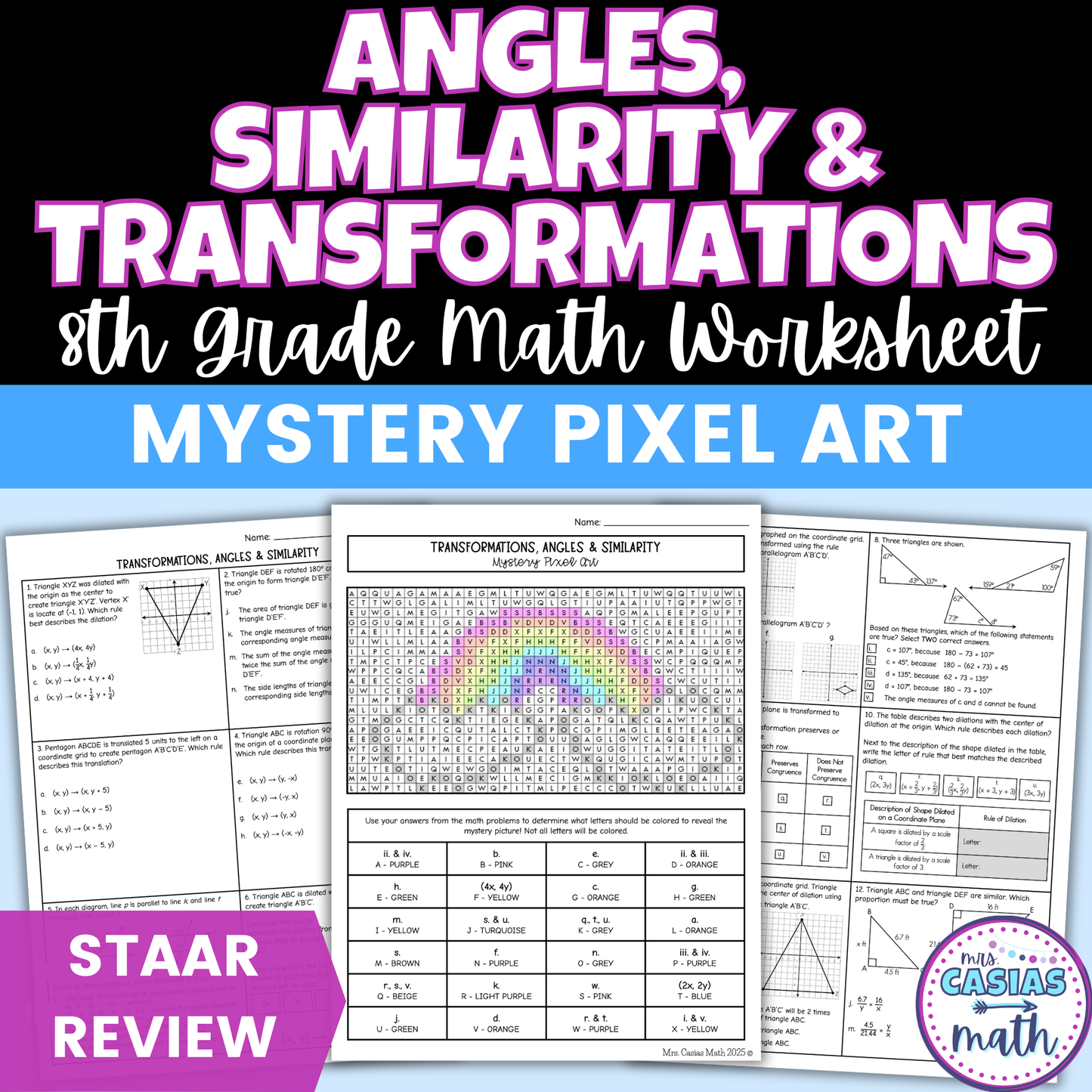 Angles, Transformations and Similarity Worksheet 8th Grade Math STAAR Review