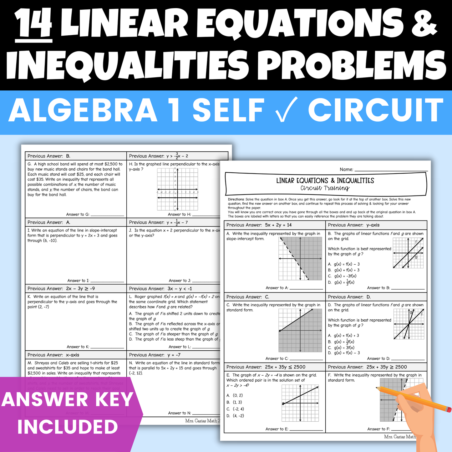 Linear Equations and Inequalities Worksheet Self Checking Circuit Activity